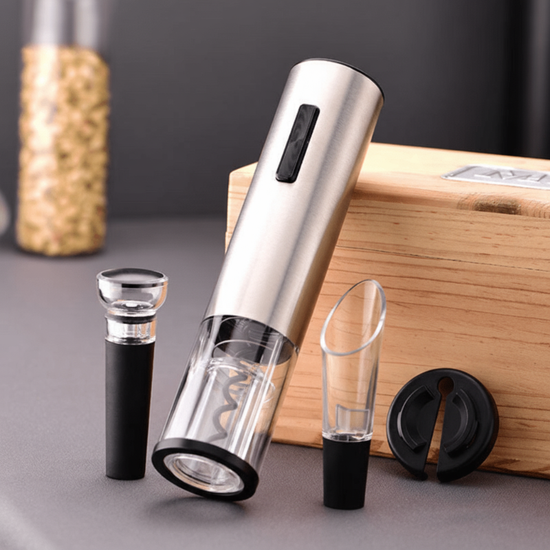 Elektrische Wijnopener Set – 4-in-1 met Foliesnijder, Schenktuit & Vacuümstopper voor Moeiteloos Ontkurken