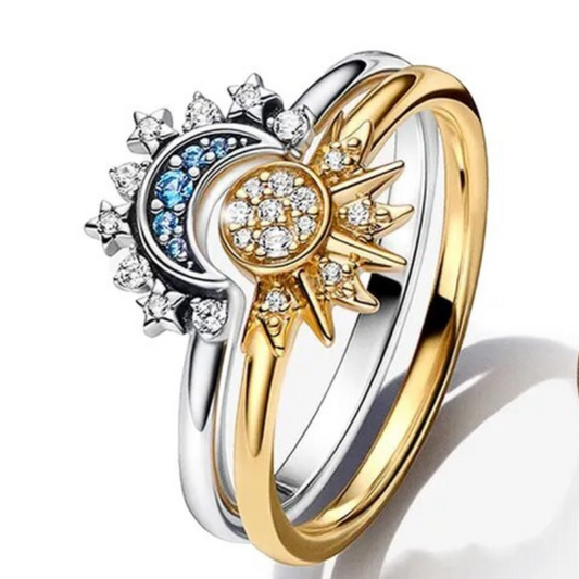 Zon en Maan Ring Set 925 Sterling Zilver met Kristal Verstelbare Ringen Goud en Zilver