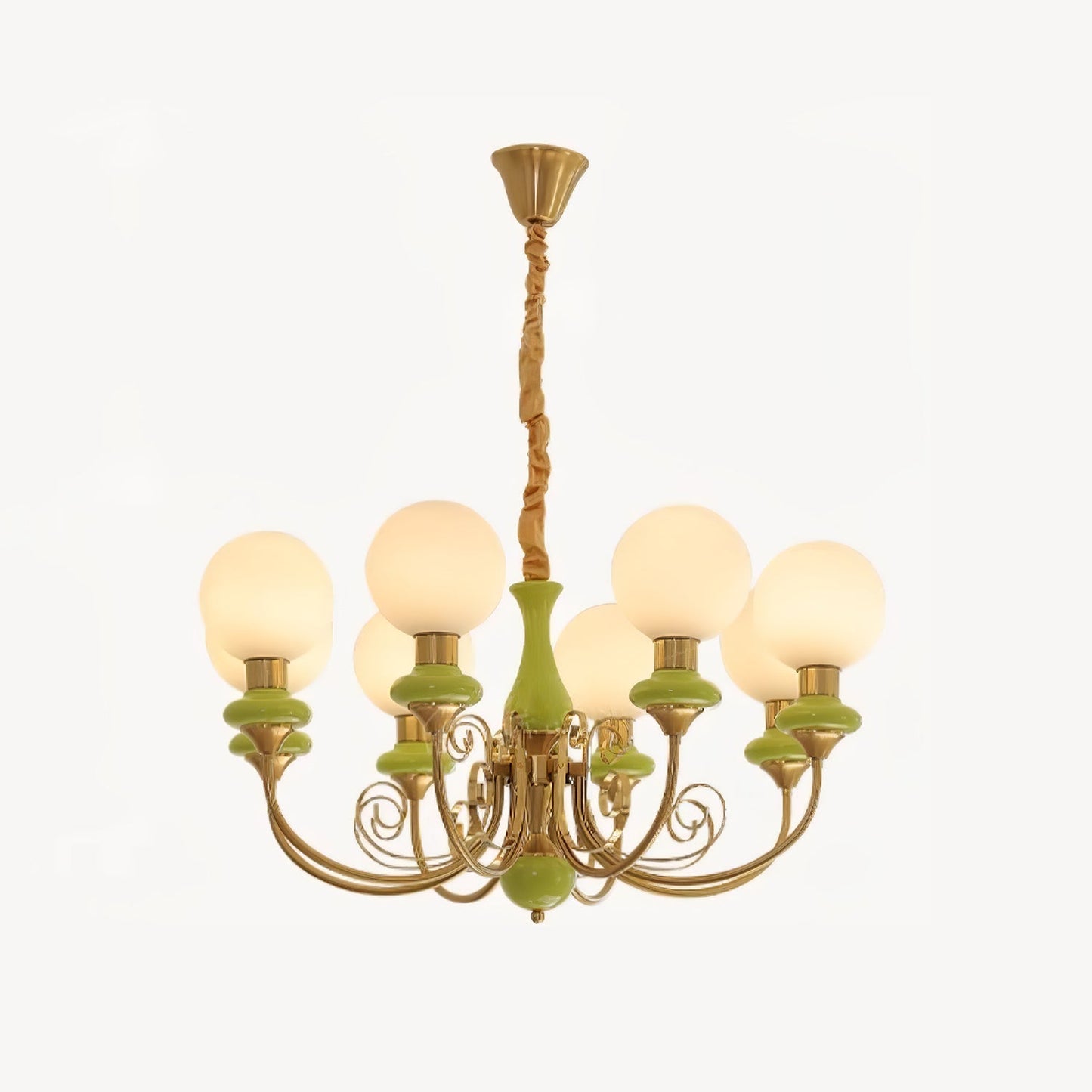 Kroonluchter met Groene Glazen Kappen en Gouden of Zwarte Afwerking – Luxe Hanglamp in 3, 5 of 8 Lichtpunten