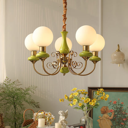 Kroonluchter met Groene Glazen Kappen en Gouden of Zwarte Afwerking – Luxe Hanglamp in 3, 5 of 8 Lichtpunten