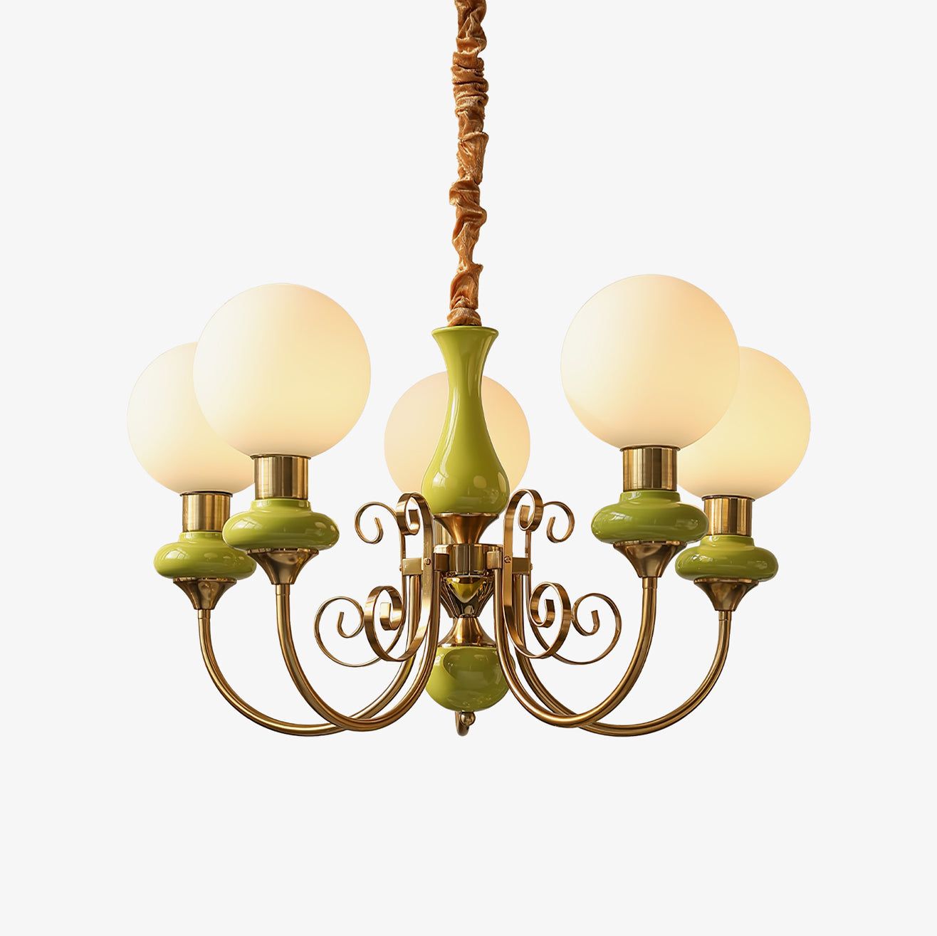 Kroonluchter met Groene Glazen Kappen en Gouden of Zwarte Afwerking – Luxe Hanglamp in 3, 5 of 8 Lichtpunten
