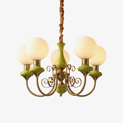 Kroonluchter met Groene Glazen Kappen en Gouden of Zwarte Afwerking – Luxe Hanglamp in 3, 5 of 8 Lichtpunten