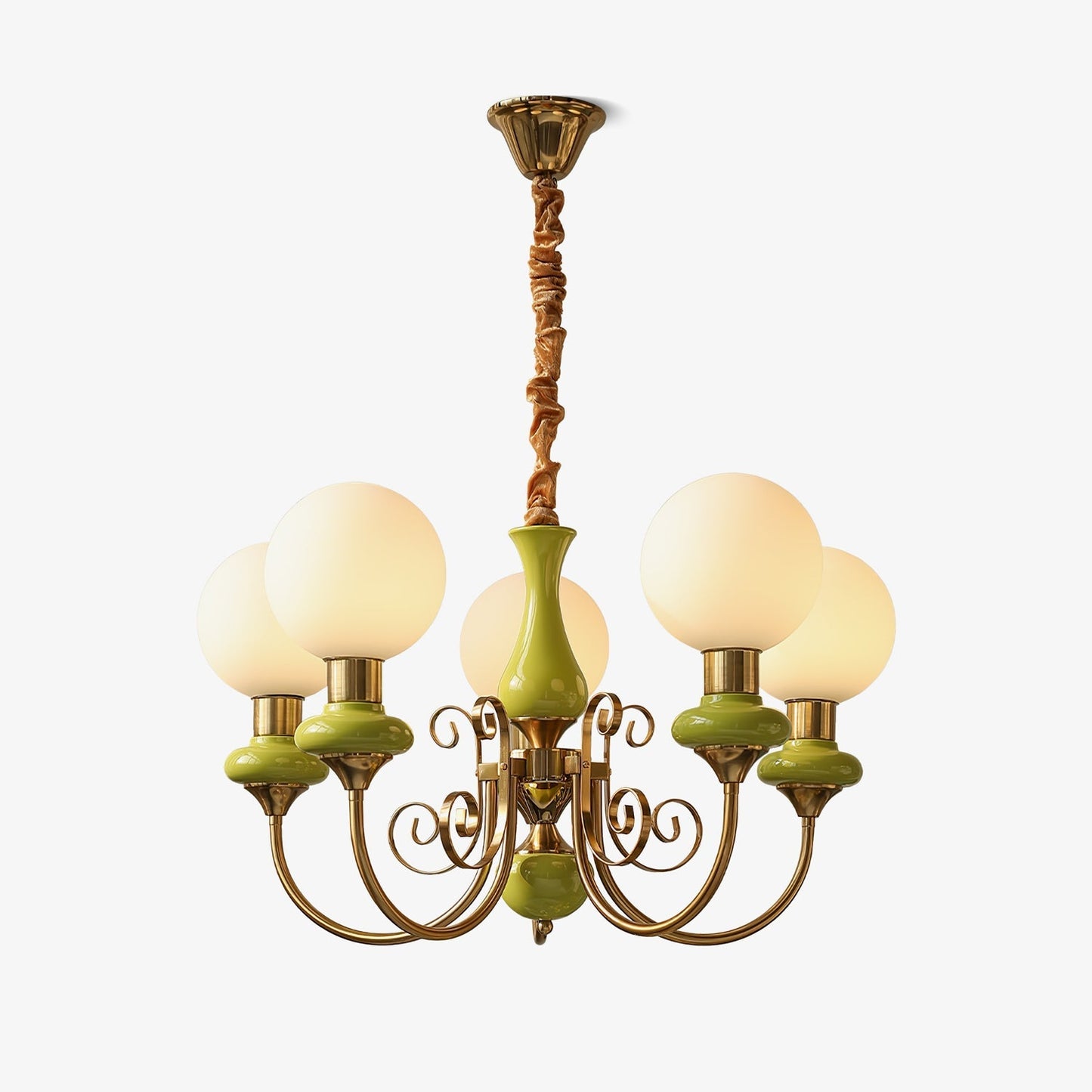 Kroonluchter met Groene Glazen Kappen en Gouden of Zwarte Afwerking – Luxe Hanglamp in 3, 5 of 8 Lichtpunten