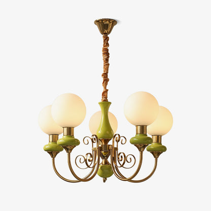 Kroonluchter met Groene Glazen Kappen en Gouden of Zwarte Afwerking – Luxe Hanglamp in 3, 5 of 8 Lichtpunten