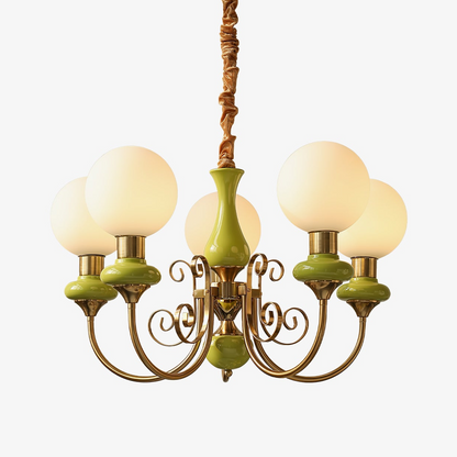 Kroonluchter met Groene Glazen Kappen en Gouden of Zwarte Afwerking – Luxe Hanglamp in 3, 5 of 8 Lichtpunten