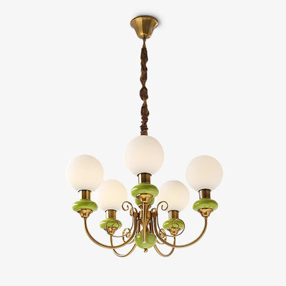 Kroonluchter met Groene Glazen Kappen en Gouden of Zwarte Afwerking – Luxe Hanglamp in 3, 5 of 8 Lichtpunten