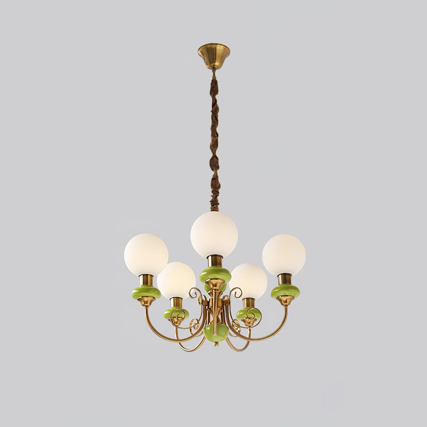 Kroonluchter met Groene Glazen Kappen en Gouden of Zwarte Afwerking – Luxe Hanglamp in 3, 5 of 8 Lichtpunten