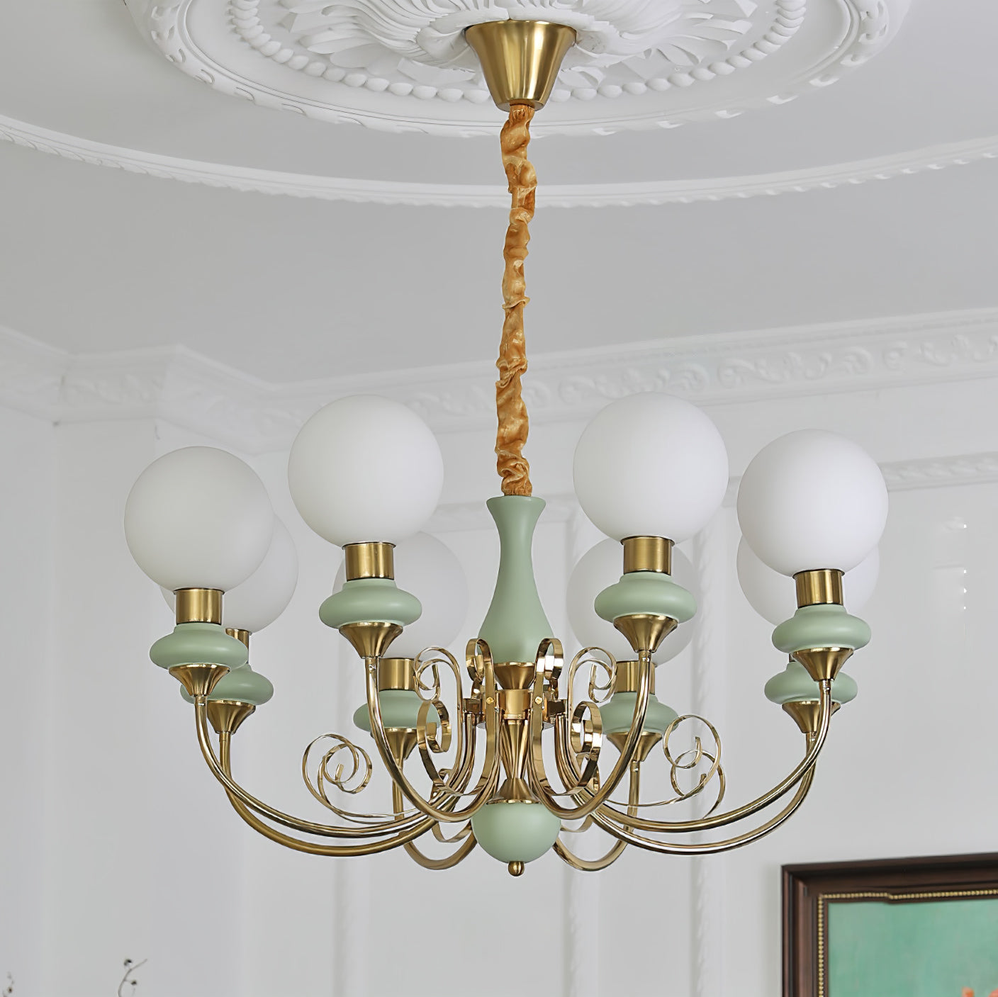 Kroonluchter met Groene Glazen Kappen en Gouden of Zwarte Afwerking – Luxe Hanglamp in 3, 5 of 8 Lichtpunten