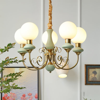 Kroonluchter met Groene Glazen Kappen en Gouden of Zwarte Afwerking – Luxe Hanglamp in 3, 5 of 8 Lichtpunten