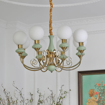 Kroonluchter met Groene Glazen Kappen en Gouden of Zwarte Afwerking – Luxe Hanglamp in 3, 5 of 8 Lichtpunten