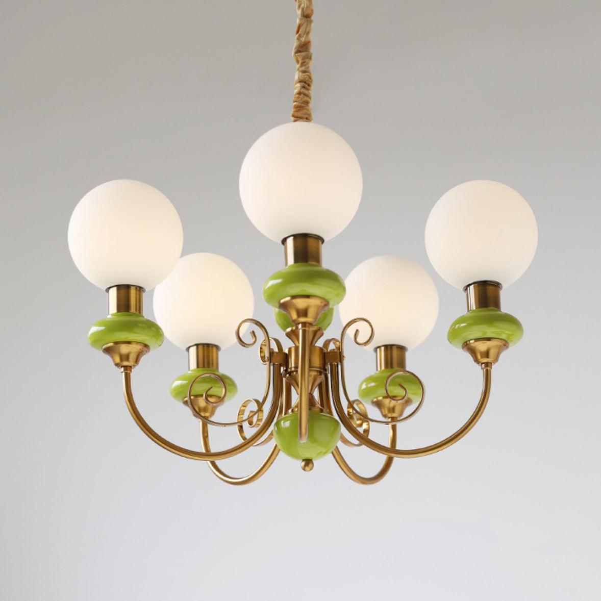 Kroonluchter met Groene Glazen Kappen en Gouden of Zwarte Afwerking – Luxe Hanglamp in 3, 5 of 8 Lichtpunten