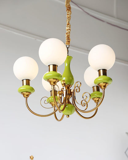 Kroonluchter met Groene Glazen Kappen en Gouden of Zwarte Afwerking – Luxe Hanglamp in 3, 5 of 8 Lichtpunten