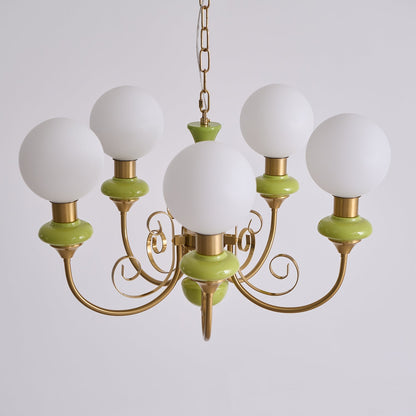 Kroonluchter met Groene Glazen Kappen en Gouden of Zwarte Afwerking – Luxe Hanglamp in 3, 5 of 8 Lichtpunten