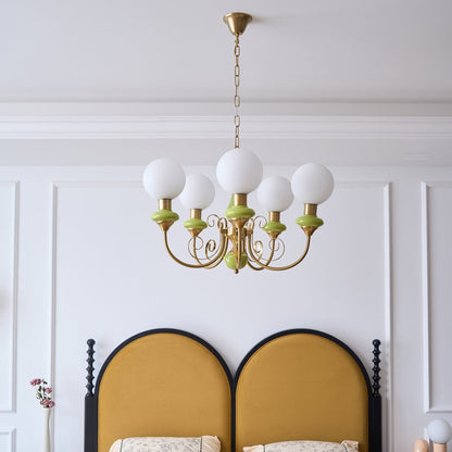 Kroonluchter met Groene Glazen Kappen en Gouden of Zwarte Afwerking – Luxe Hanglamp in 3, 5 of 8 Lichtpunten