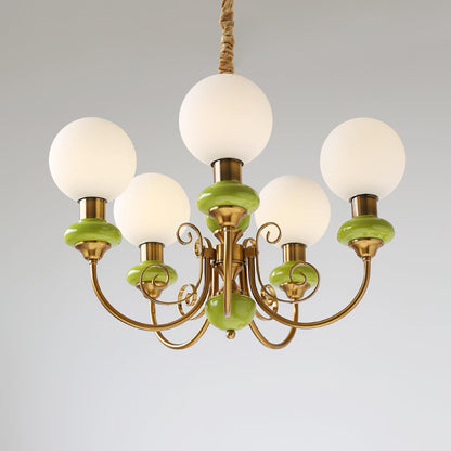Kroonluchter met Groene Glazen Kappen en Gouden of Zwarte Afwerking – Luxe Hanglamp in 3, 5 of 8 Lichtpunten