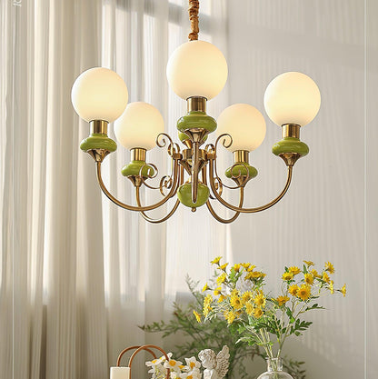 Kroonluchter met Groene Glazen Kappen en Gouden of Zwarte Afwerking – Luxe Hanglamp in 3, 5 of 8 Lichtpunten