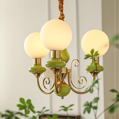 Kroonluchter met Groene Glazen Kappen en Gouden of Zwarte Afwerking – Luxe Hanglamp in 3, 5 of 8 Lichtpunten