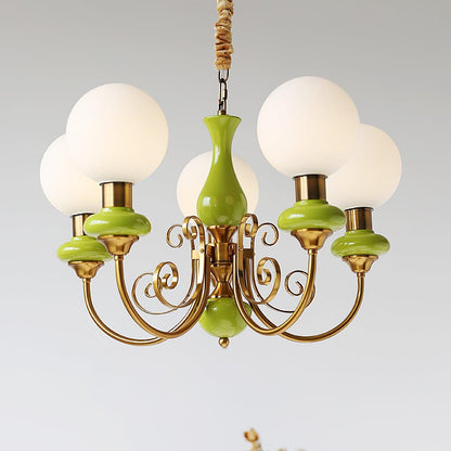 Kroonluchter met Groene Glazen Kappen en Gouden of Zwarte Afwerking – Luxe Hanglamp in 3, 5 of 8 Lichtpunten