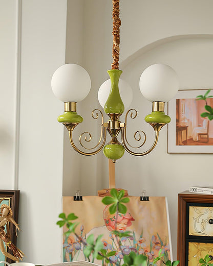 Kroonluchter met Groene Glazen Kappen en Gouden of Zwarte Afwerking – Luxe Hanglamp in 3, 5 of 8 Lichtpunten