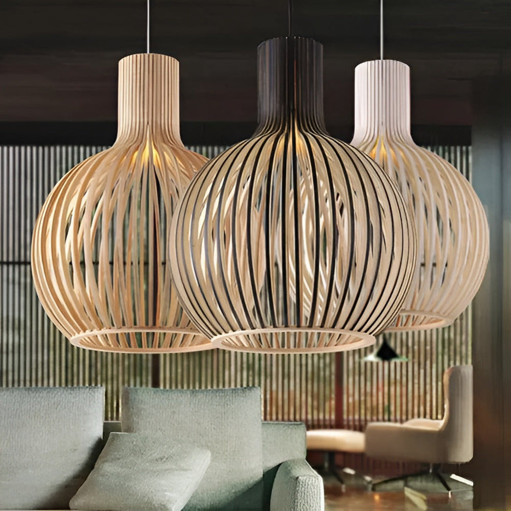 Houten Hanglamp Vintage Design Met Lamellen E27 23cm