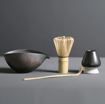 Matcha Set 4-Delig Keramiek Bamboe Japans Theeset Kom Klopper Lepel Houder Cadeau Theeceremonie