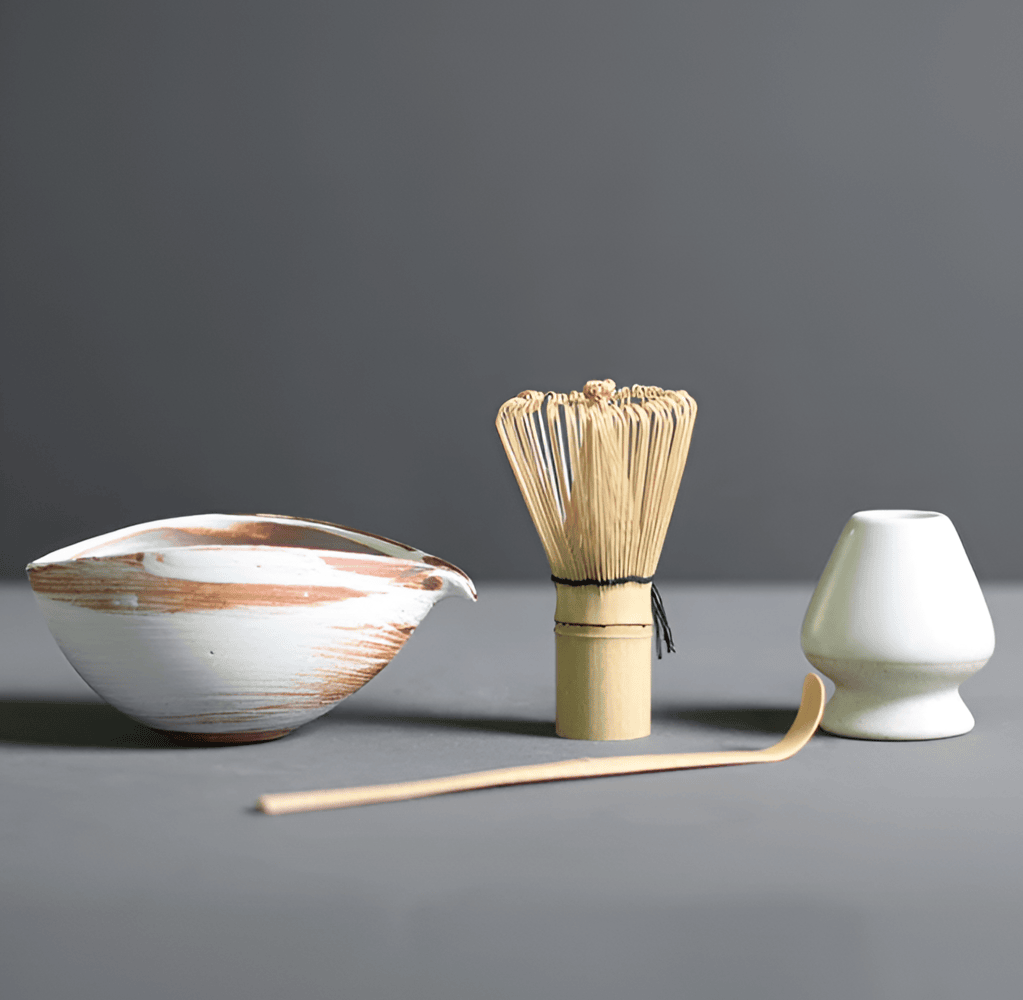 Matcha Set 4-Delig Keramiek Bamboe Japans Theeset Kom Klopper Lepel Houder Cadeau Theeceremonie