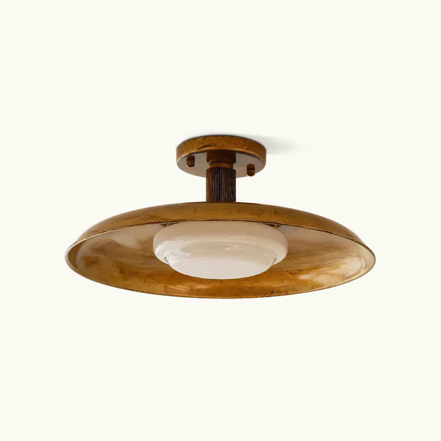 Plafondlamp met handgeblazen glazen kap en gestructureerde metalen rozet – warm sfeerlicht voor woonkamer, slaapkamer en entree