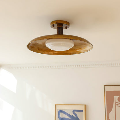 Plafondlamp met handgeblazen glazen kap en gestructureerde metalen rozet – warm sfeerlicht voor woonkamer, slaapkamer en entree