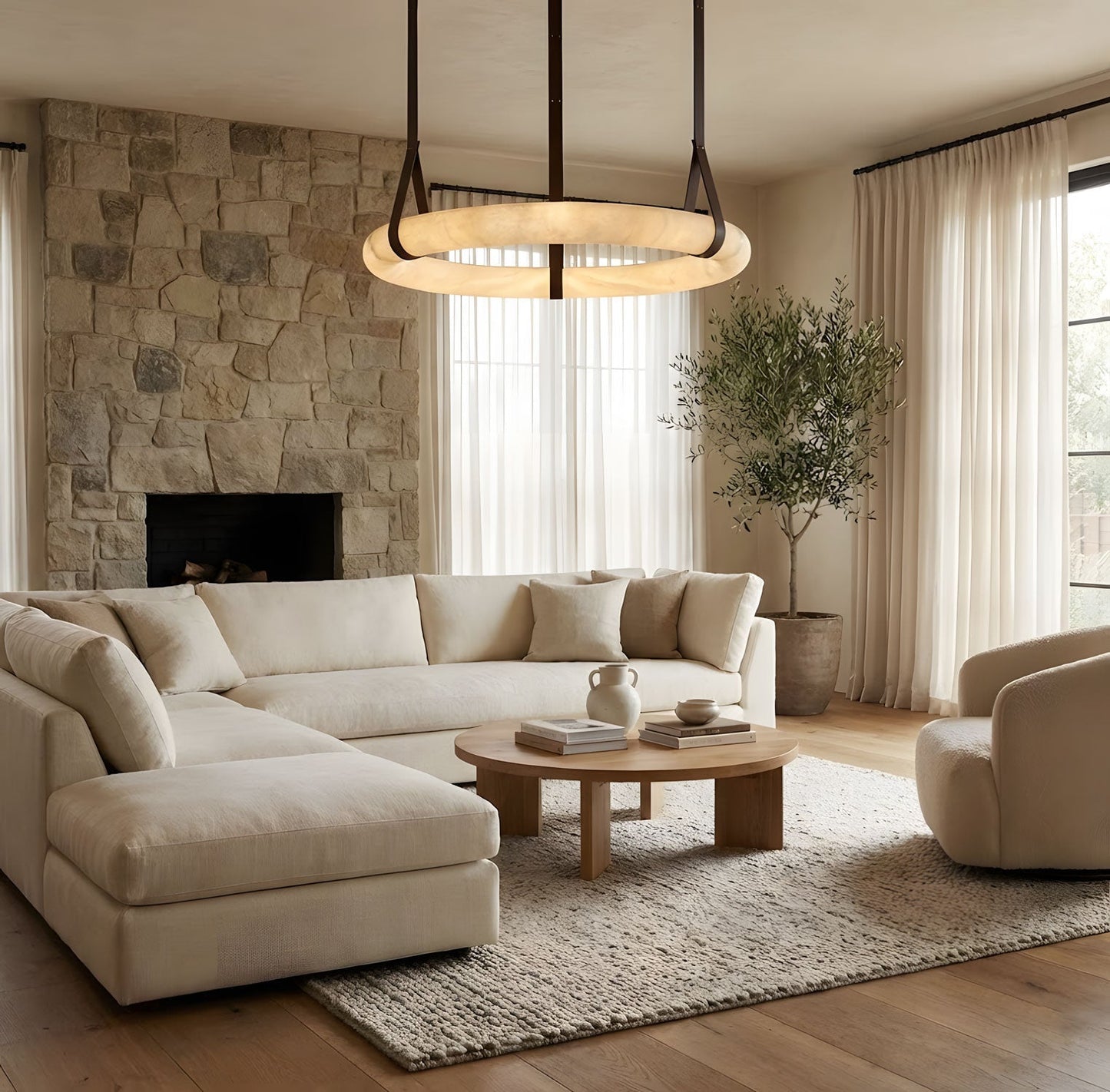 Hanglamp Alabaster Ring LED Donkerbruin Bruin Goud Woonkamer Eetkamer 3000K 4000K 6000K Ø30 Ø120cm Natuursteen Pendellamp