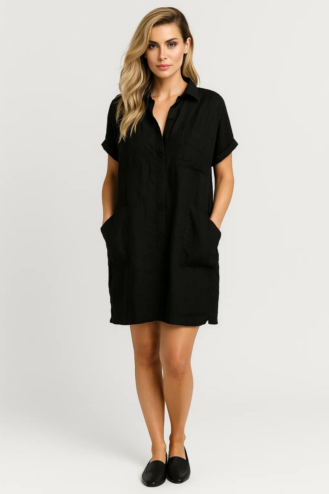 Dames Mini Jurk met Kraag en Zakken Casual Korte Jurk