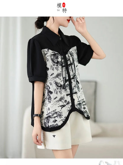 Vrouwelijke Zomer Shirts met Oosterse Printen en Ruime Pasvorm