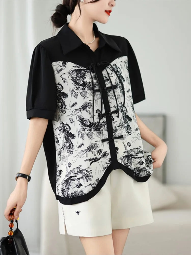 Vrouwelijke Zomer Shirts met Oosterse Printen en Ruime Pasvorm