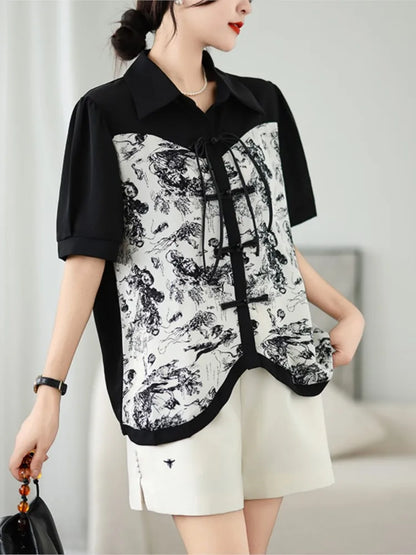 Vrouwelijke Zomer Shirts met Oosterse Printen en Ruime Pasvorm