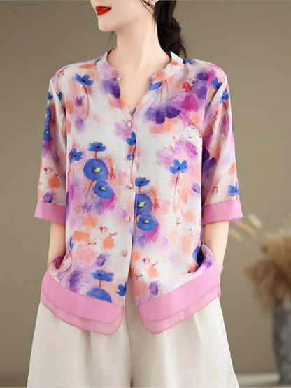 Vrouwelijke Zomertop met Bloemenprint Leuke Korte Mouw
