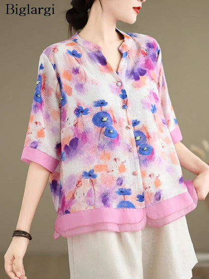 Vrouwelijke Zomertop met Bloemenprint Leuke Korte Mouw