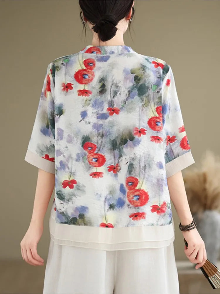Vrouwelijke Zomertop met Bloemenprint Leuke Korte Mouw