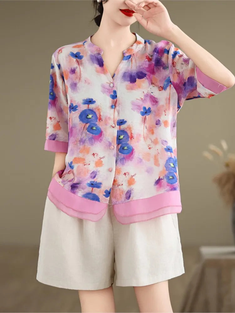 Vrouwelijke Zomertop met Bloemenprint Leuke Korte Mouw