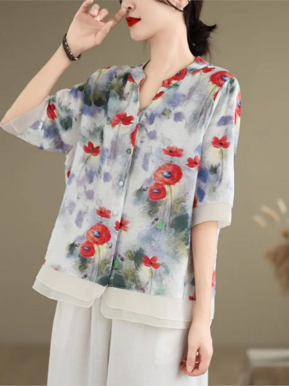 Vrouwelijke Zomertop met Bloemenprint Leuke Korte Mouw