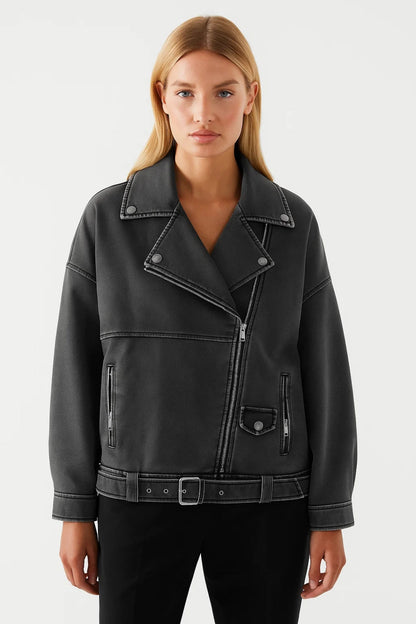 Dames Bikerjas Oversized met Ceintuur en Rits