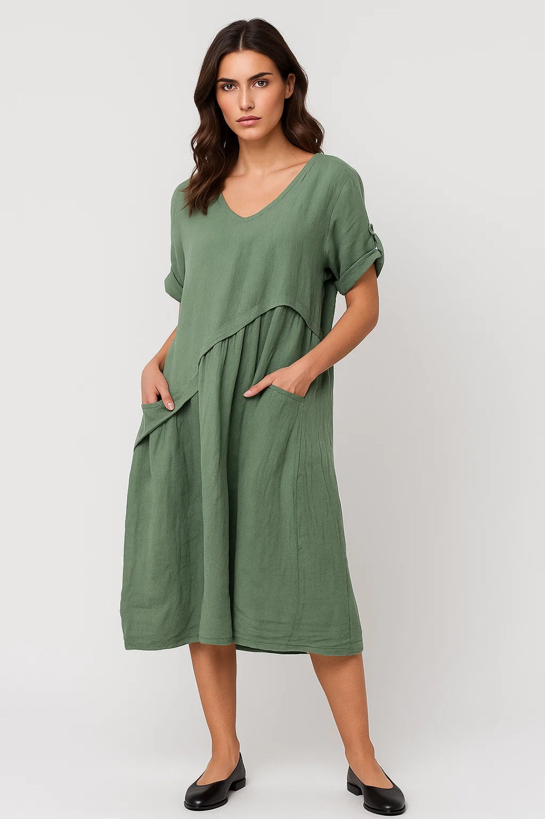 Midi Jurk Dames Oversized met V-hals en Zakken Casual Stijl
