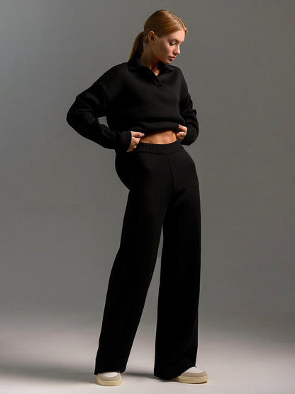 Dames Lounge Set - Oversized Polosweater en Wijde Broek Zandkleur