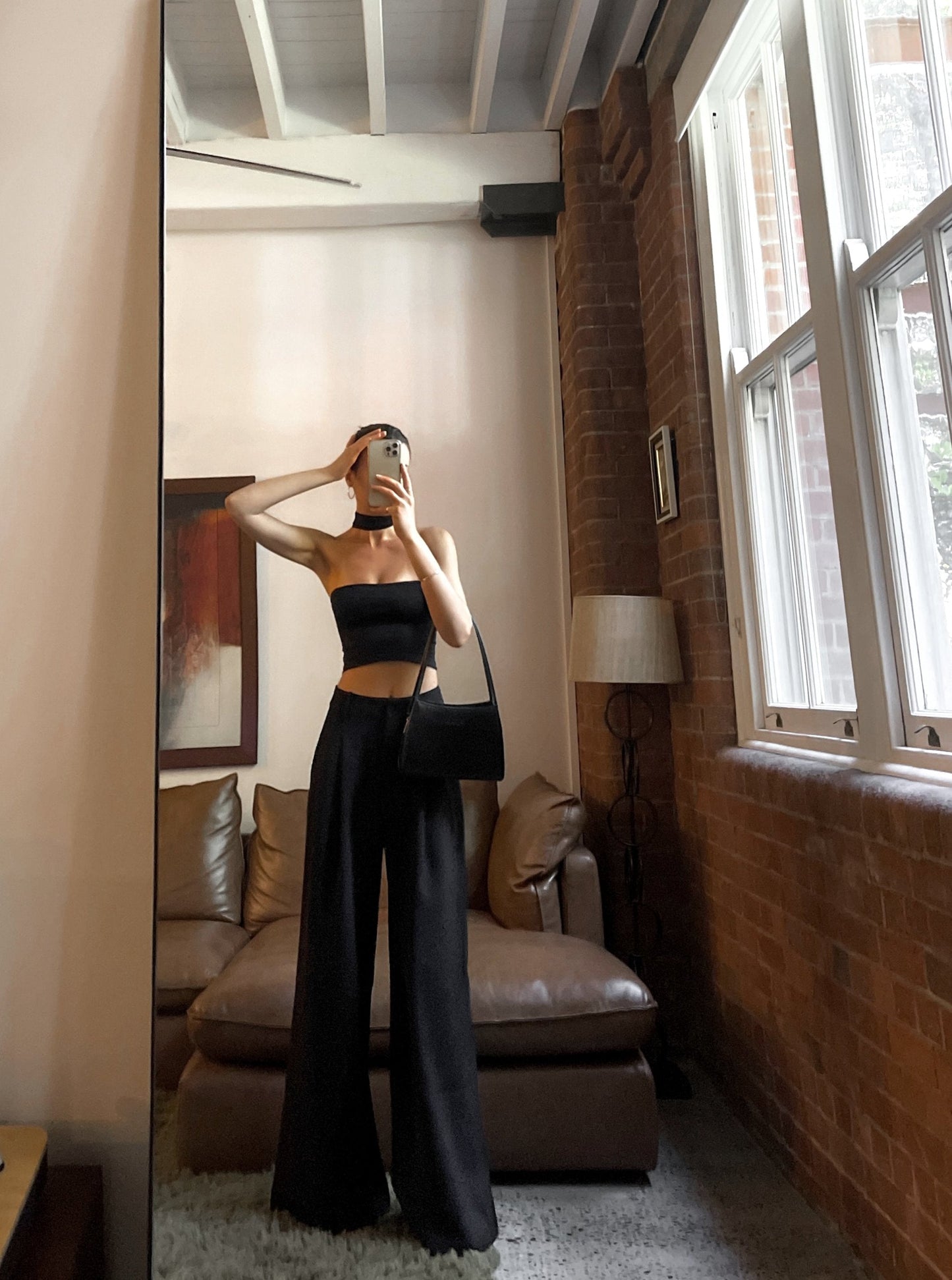 Hoge Taille Palazzo Broek Zwart Elegante Stijl