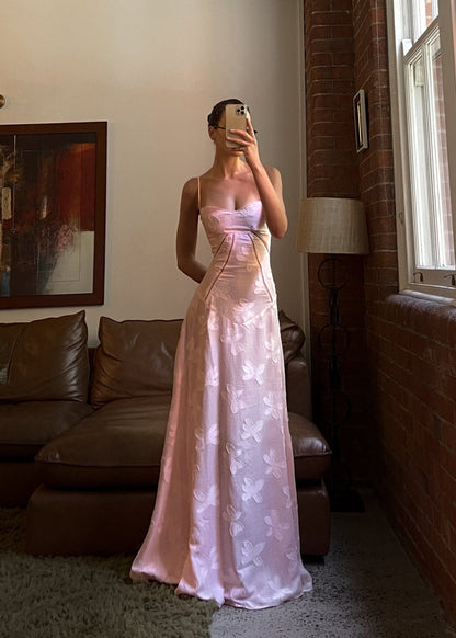 Roze Maxi Jurk met Corset Sluiting en Jacquard Patronen