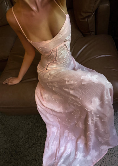 Roze Maxi Jurk met Corset Sluiting en Jacquard Patronen