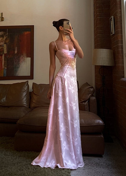 Roze Maxi Jurk met Corset Sluiting en Jacquard Patronen