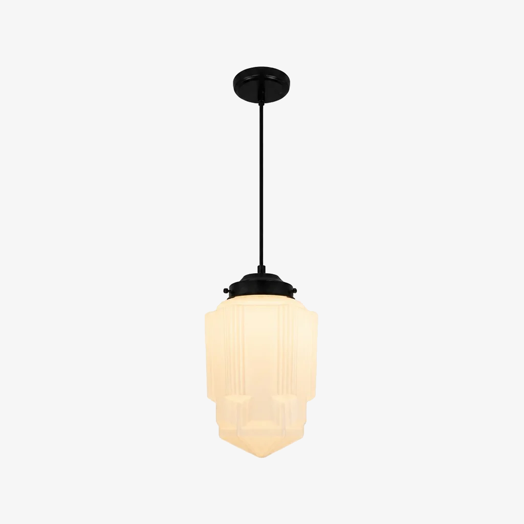 Vintage Art Deco Melkglas Hanglamp met Gestreepte Kap voor Eetkamer en Woonruimte
