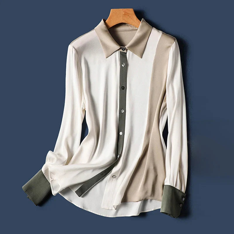 Zijde Blouse Met Plooikraag en Patchwork Patroon - StudioMarella