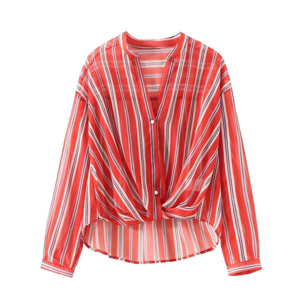 Vrouwelijke Zomerblouse Streepjes Korte Mouw