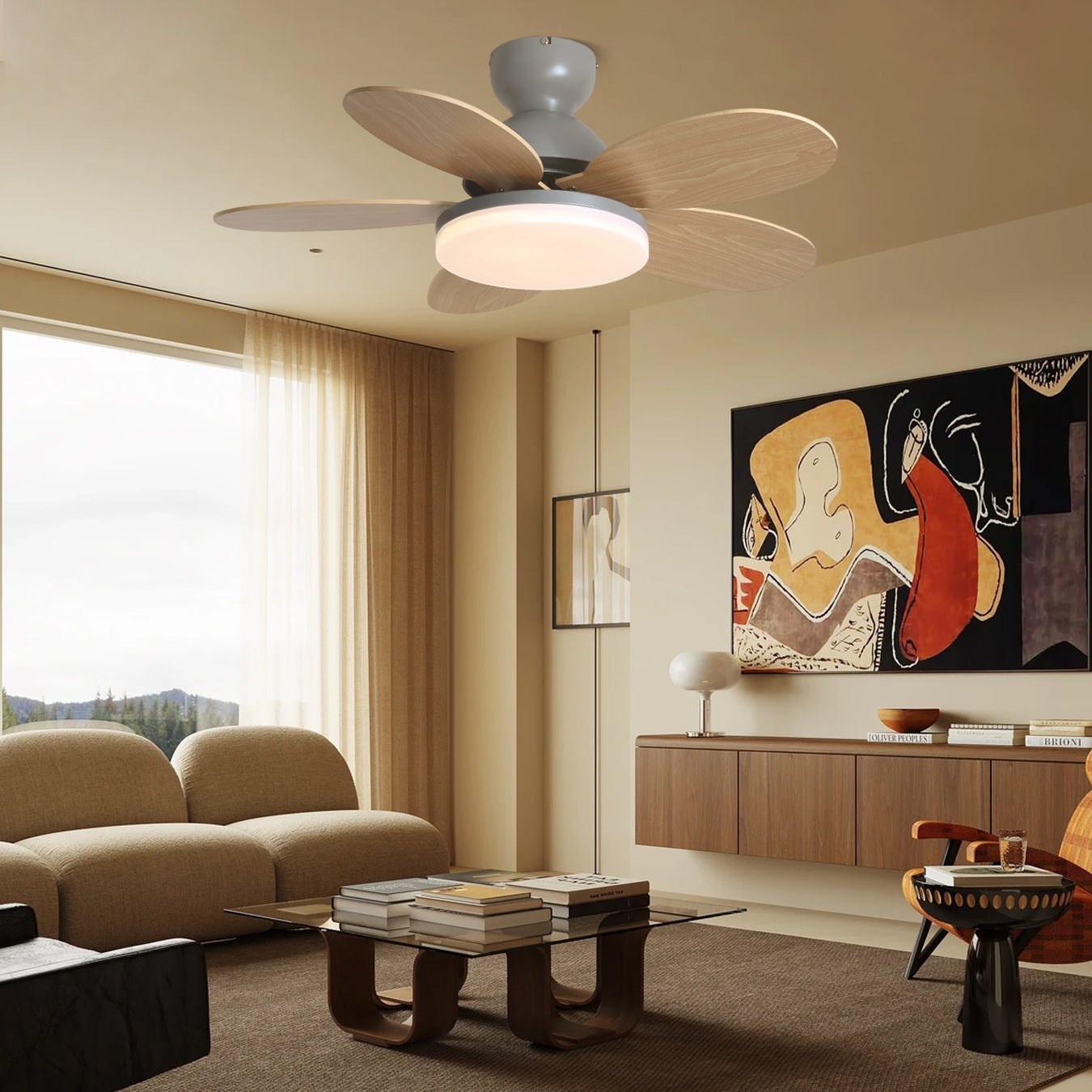 Liora Plafondventilator met Verlichting en Gekleurde Glazen Bladeren voor Kinderkamer – Moderne Ceiling Fan met LED en Afstandsbediening – Verstelbare Snelheid Plafondventilator met Licht in Meerdere Kleurvarianten