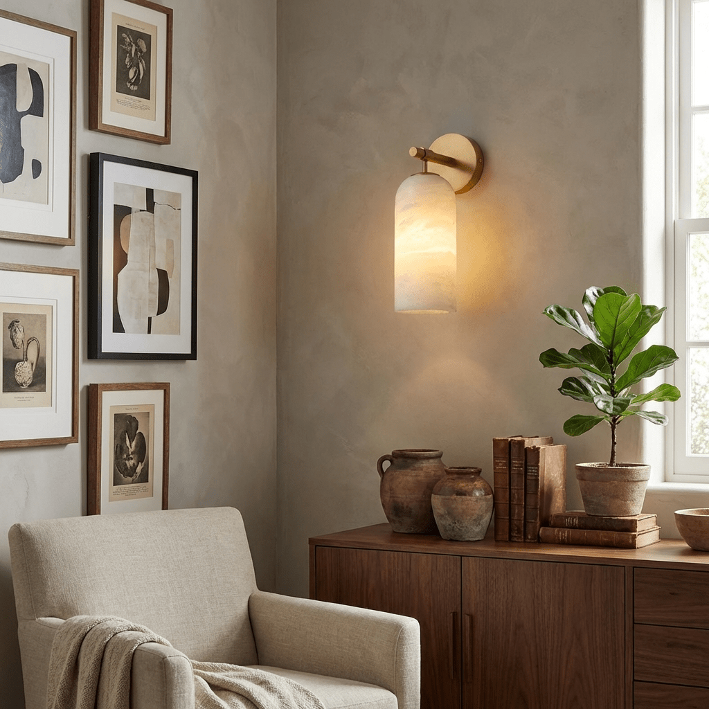 Albast Wandlamp Cilindervorm Minimalistisch Gouden Armatuur Warme Gloed Verlichting
